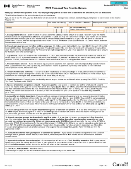 Free Online TD1 2021 Form (Personal Tax Credits Return)