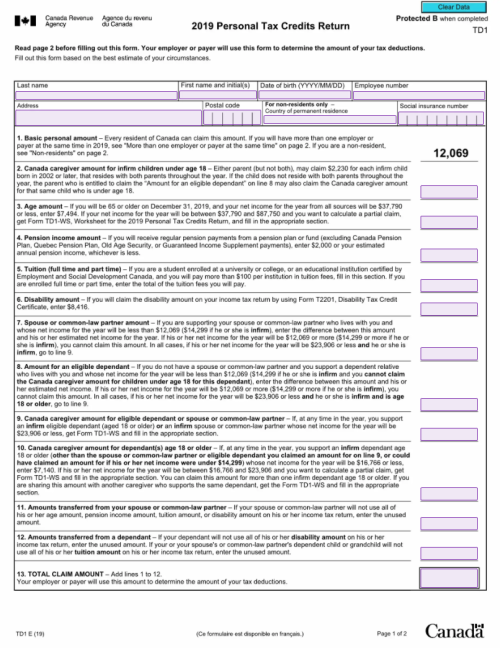 Electronic TD1 2019 Form (Personal Tax Credits Return)